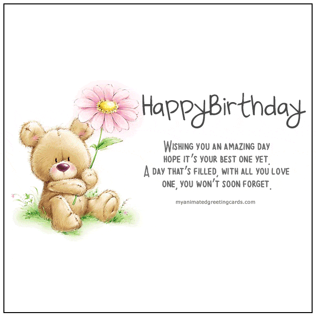 Animated Teddy Bear Holding Flower Happy Birthday Card