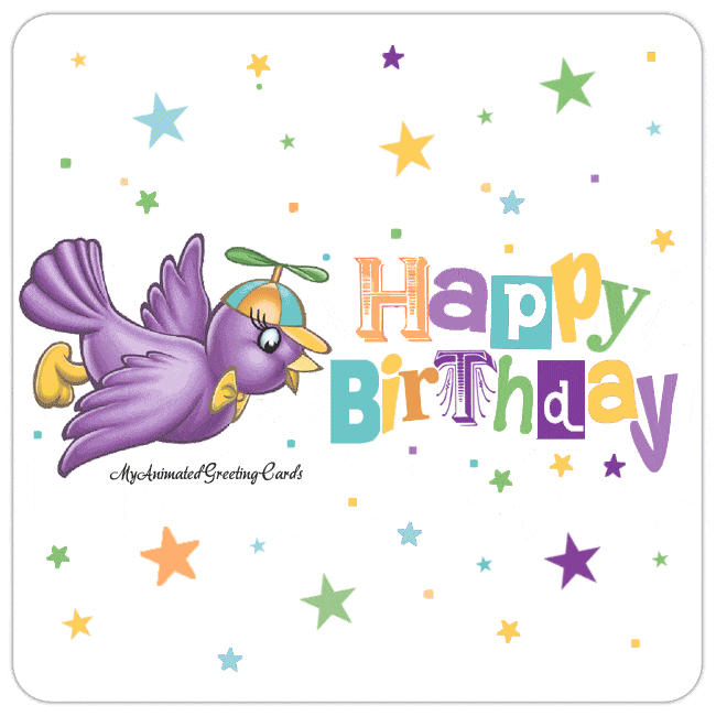 Happy Birthday Animated Cute Cartoon Bird Birthday Card With Flashing Happy Birthday Banner Stars Background